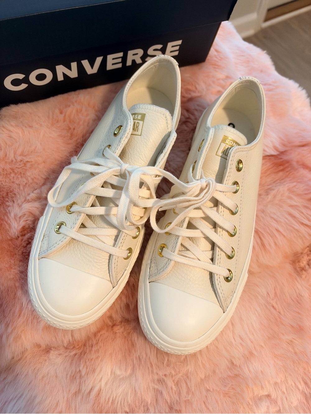 Converse Women's Cream Leather Low Top Sneakers with Gold Eyelets